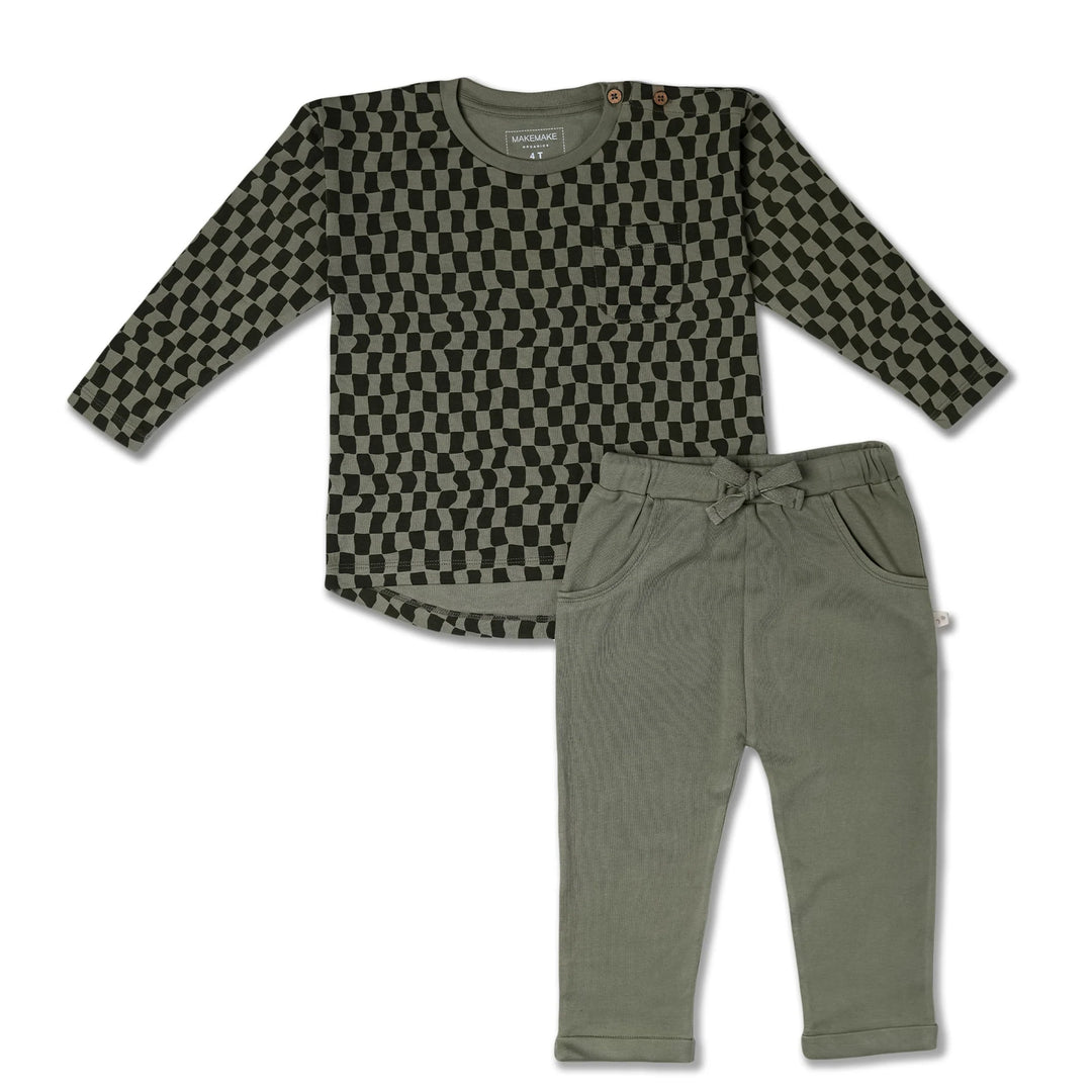 MakeMake Organics - Organic Longsleeve Tee + Foldover Pants Set in Checker