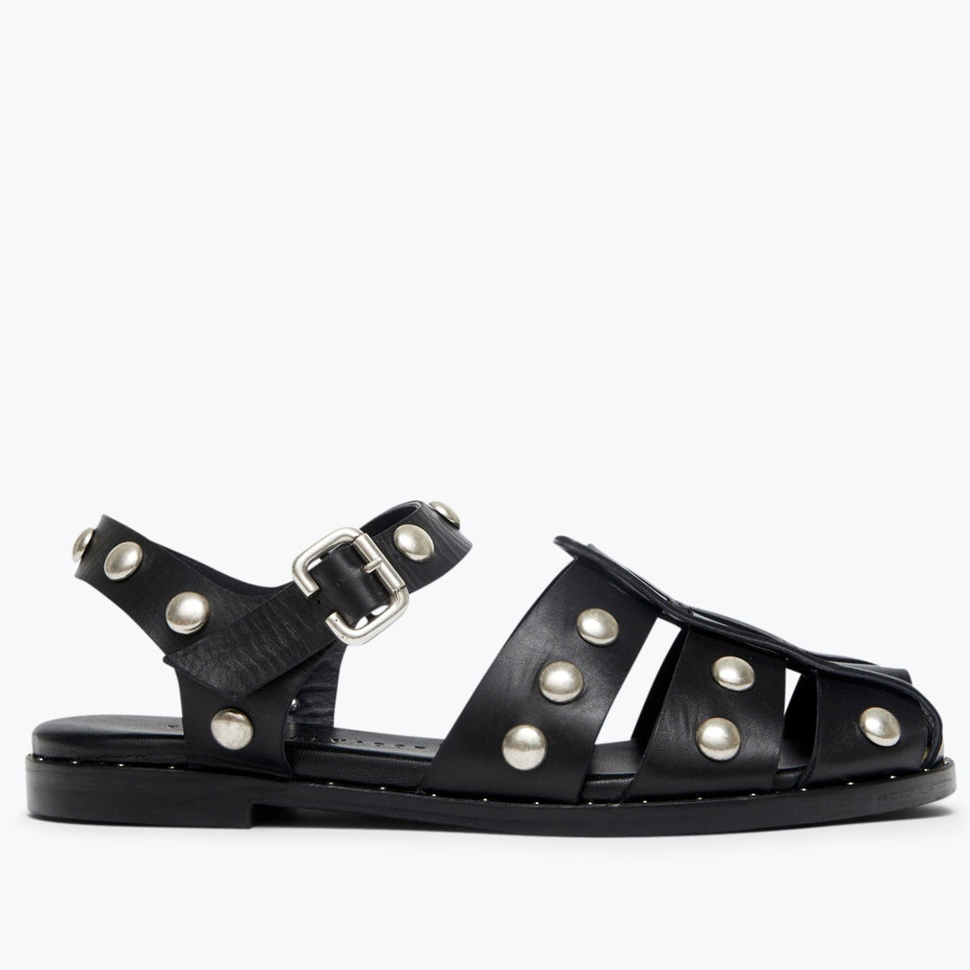 Freda Salvador – Sera Fisherman Sandal in Black Calf with Studs