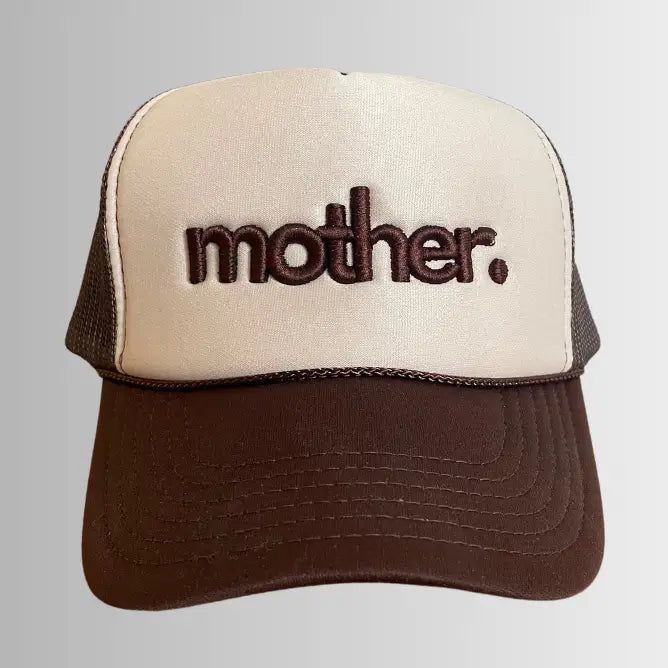 Mother Embroidered Trucker Hat in Brown and Tan