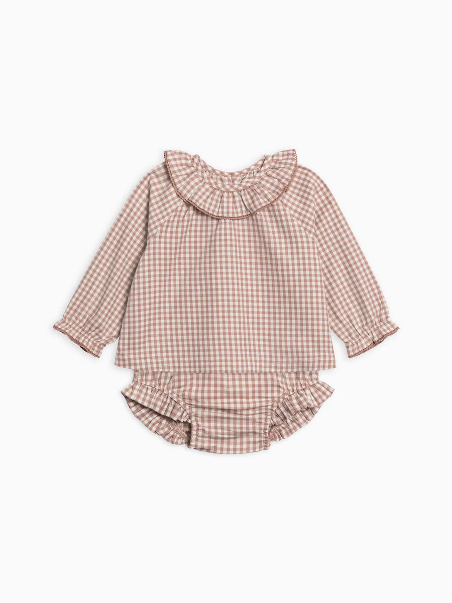 Colored Organics - Dorothy Poplin Ruffle Collar Shirt and Bloomer Set in Mauve Gingham