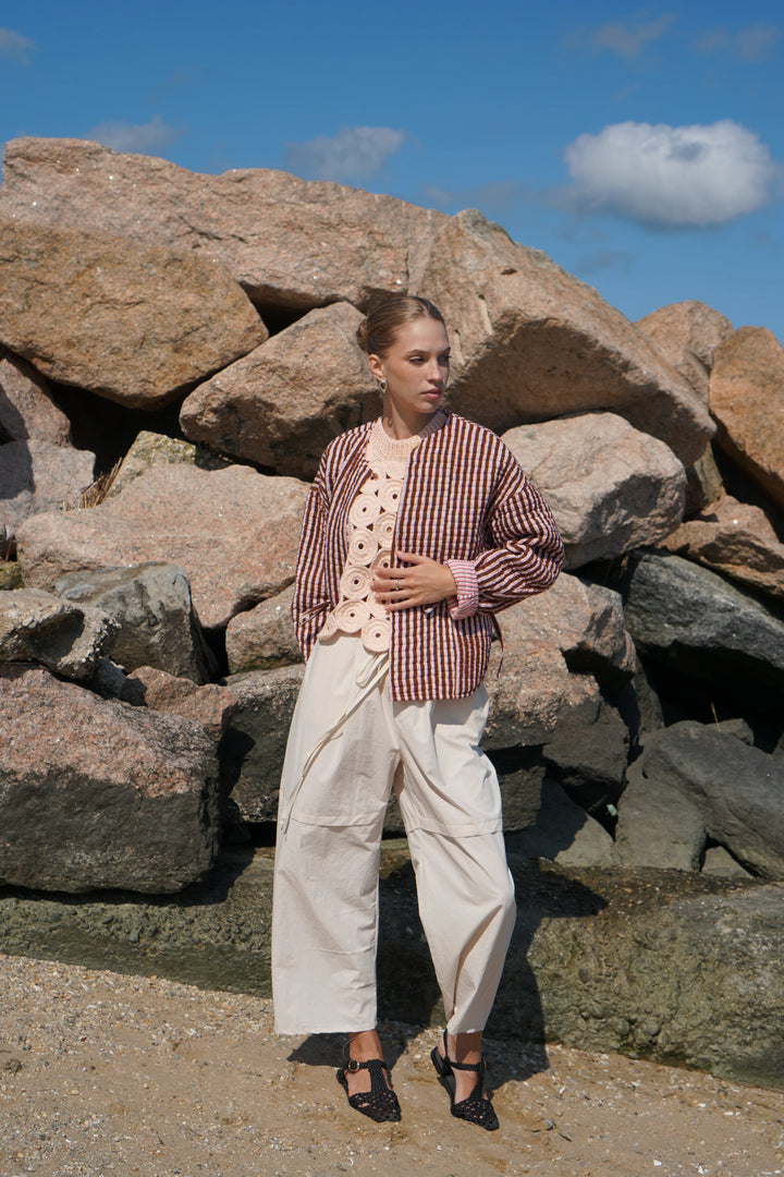 Proche - Reversible Quilted Anorak in Chocolate and Apricot Stripes