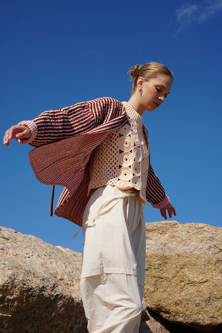 Proche - Reversible Quilted Anorak in Chocolate and Apricot Stripes