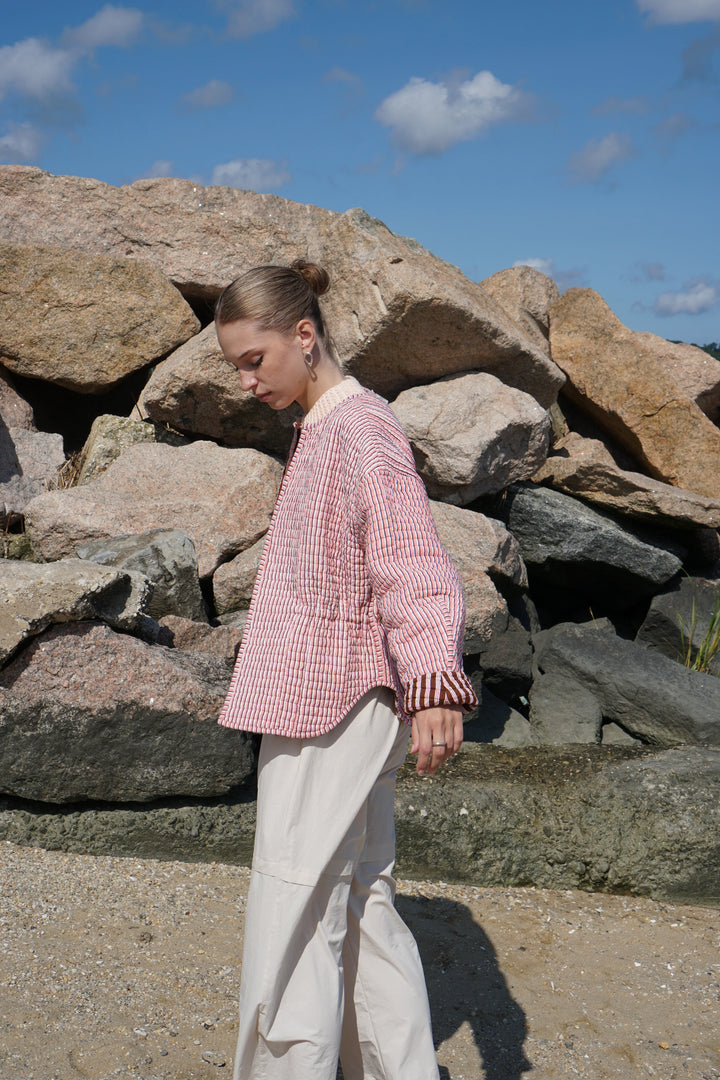 Proche - Reversible Quilted Anorak in Chocolate and Apricot Stripes
