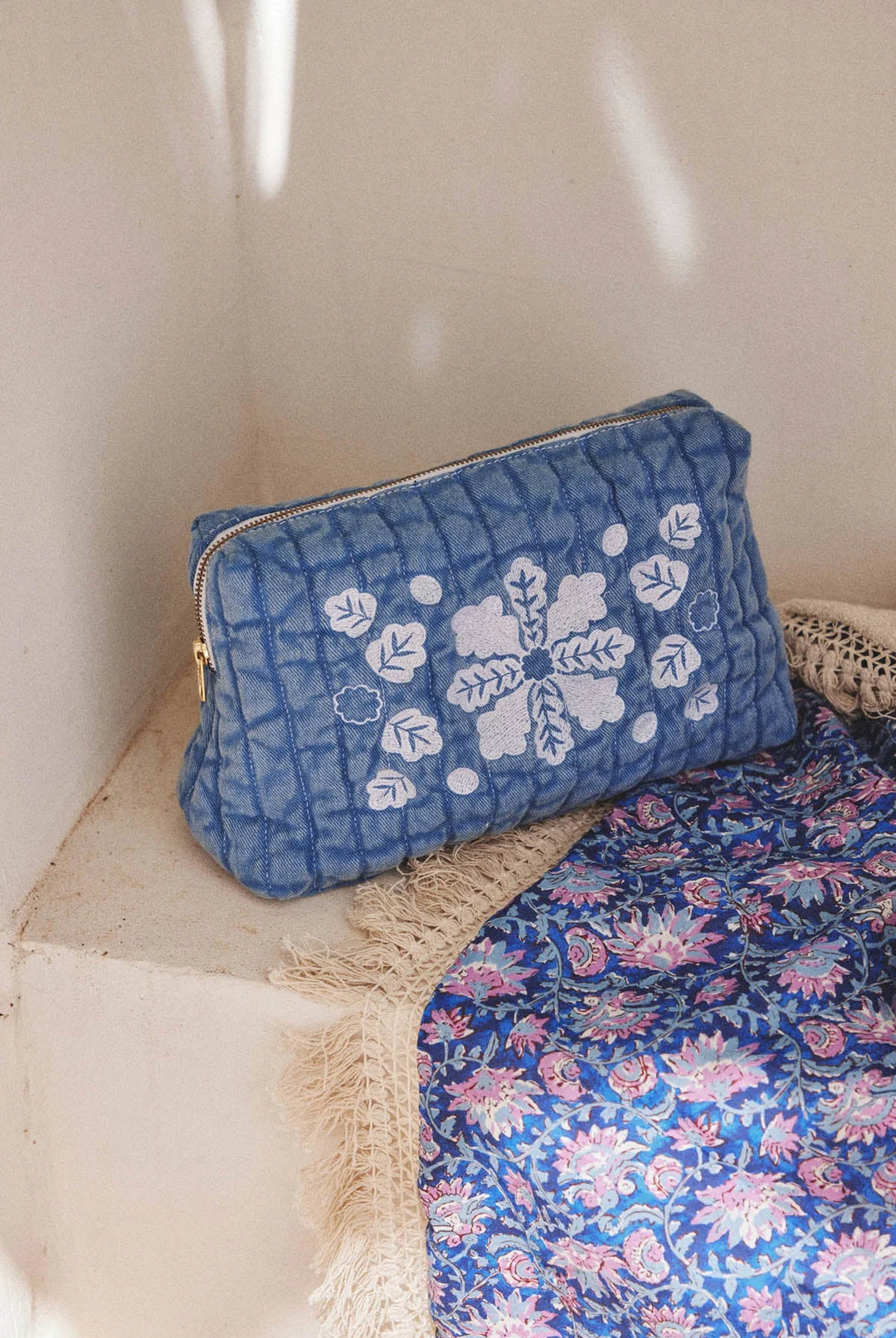 Louise Misha – Cotton Teiki Toiletry Pouch in Stone Blue