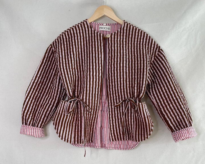 Proche - Reversible Quilted Anorak in Chocolate and Apricot Stripes