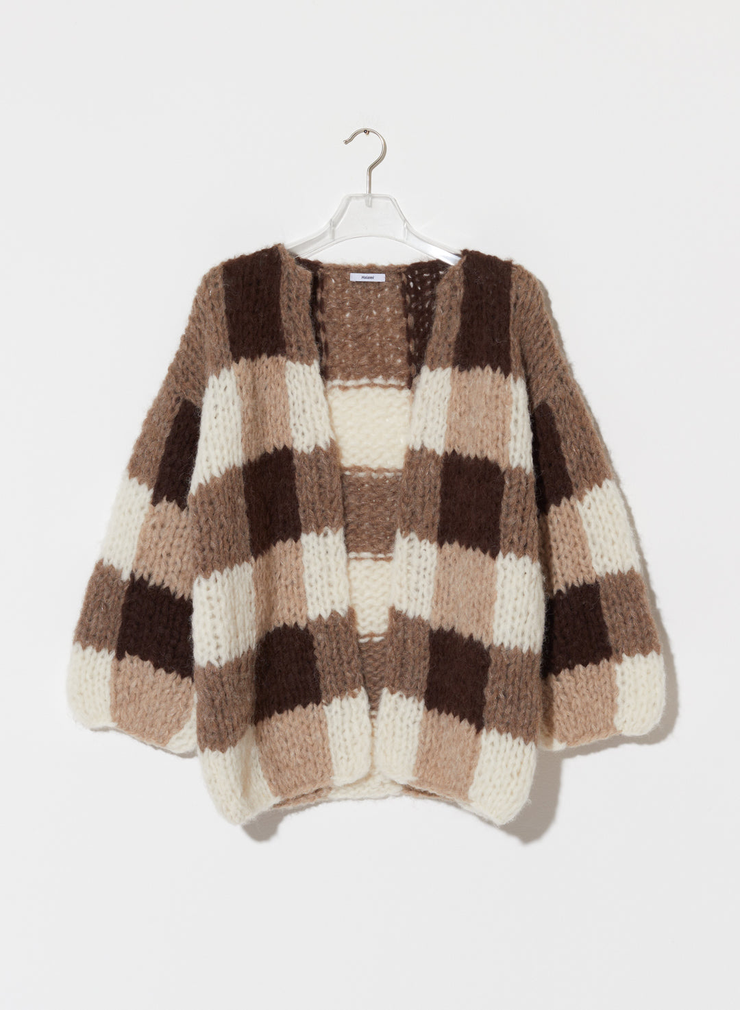Maiami – Fleecy Alpaca Checkered Cardigan in Brown/White
