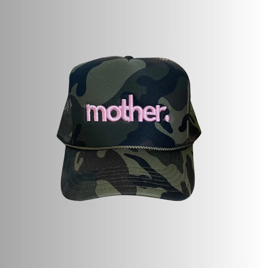 Mother Embroidered Trucker Hat in Camo and Light Pink