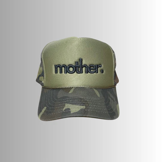 Mother Embroidered Trucker Hat in Olive and Camo