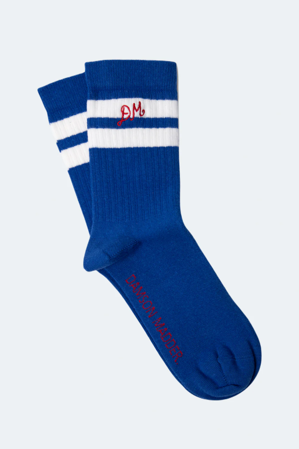 Damson Madder – Sporty Calf Length Socks in Cobalt / Ecru Stripe