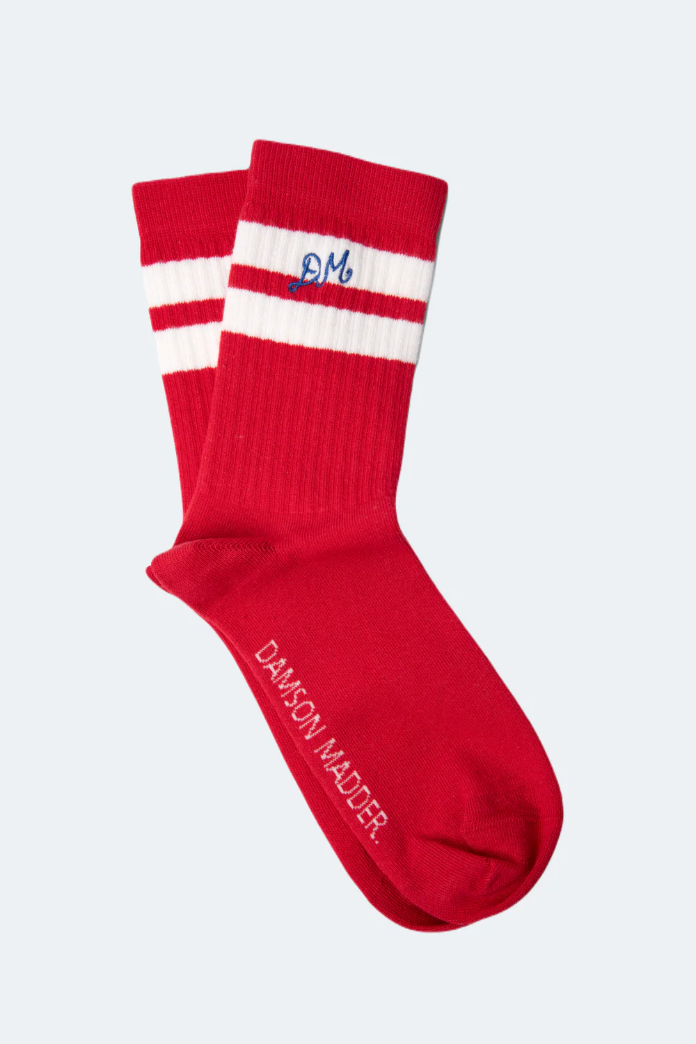 Damson Madder – Sporty Calf Length Socks in Red / Ecru Stripe