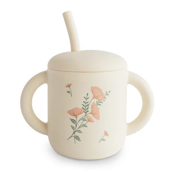 Mushie - Silicone Training Cup + Straw in Pink Flowers