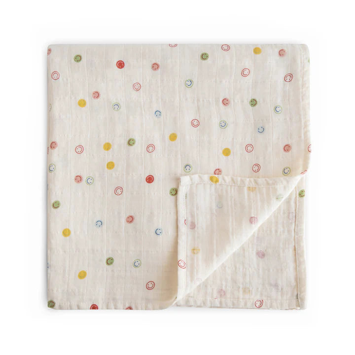 Mushie - Organic Cotton Muslin Swaddle in Smiley Face