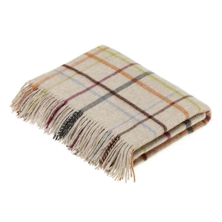 Bronte Moon – Merino Lambswool Windowpane Rainbow Throw in Beige