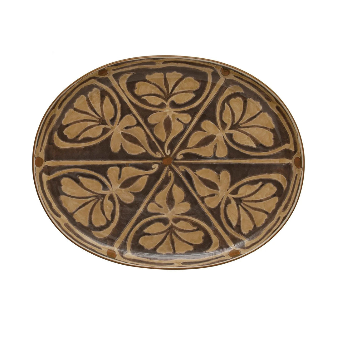 Hand-Painted Stoneware Platter in Brown/Beige