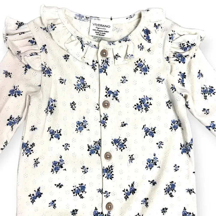 Viverano Organics - Organic Floral & Ruffled Pointelle Knit Baby Jumpsuit