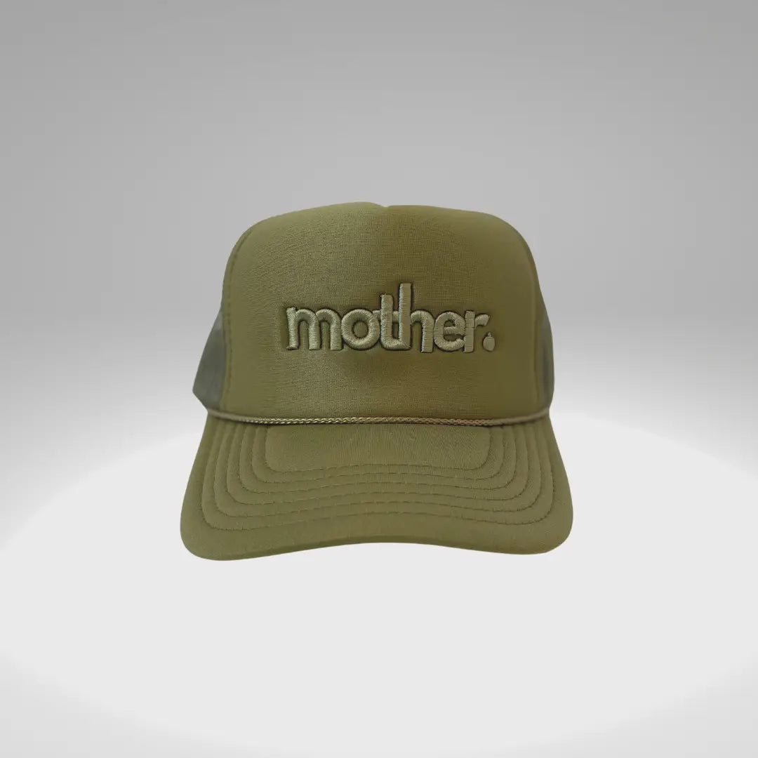 Mother Embroidered Trucker Hat in Olive