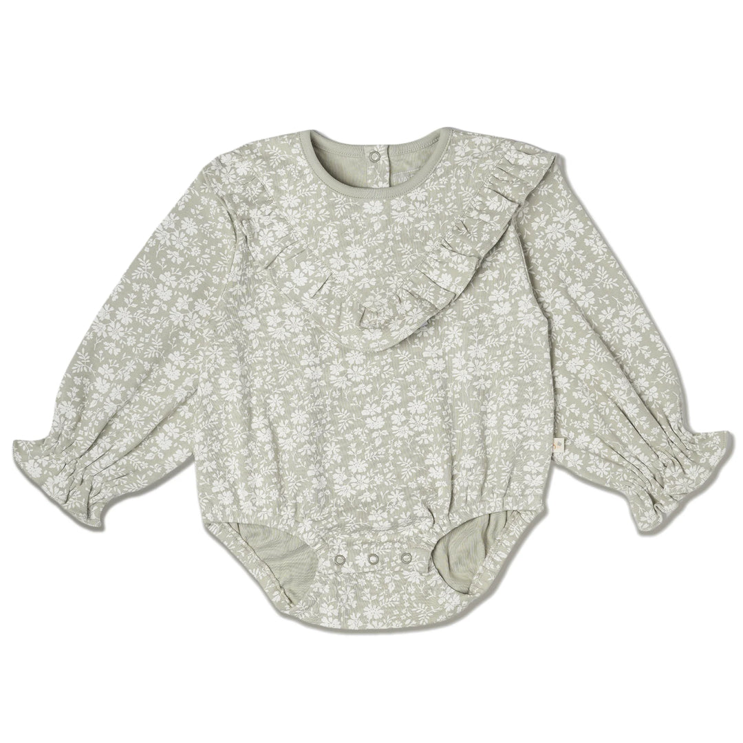 MakeMake Organics - Organic Ruffle Bubble Romper in Wildsage
