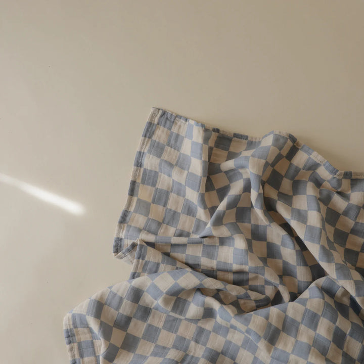 Mushie - Organic Cotton Muslin Swaddle in Blue Check