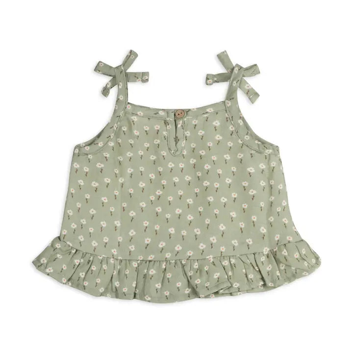 Viverano Organics – Organic Muslin Floral Shoulder Tie Baby Top and Shorts in Sage