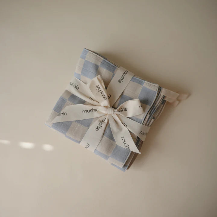 Mushie - Muslin Cotton Washcloth 5-pack in Blue Check Combo