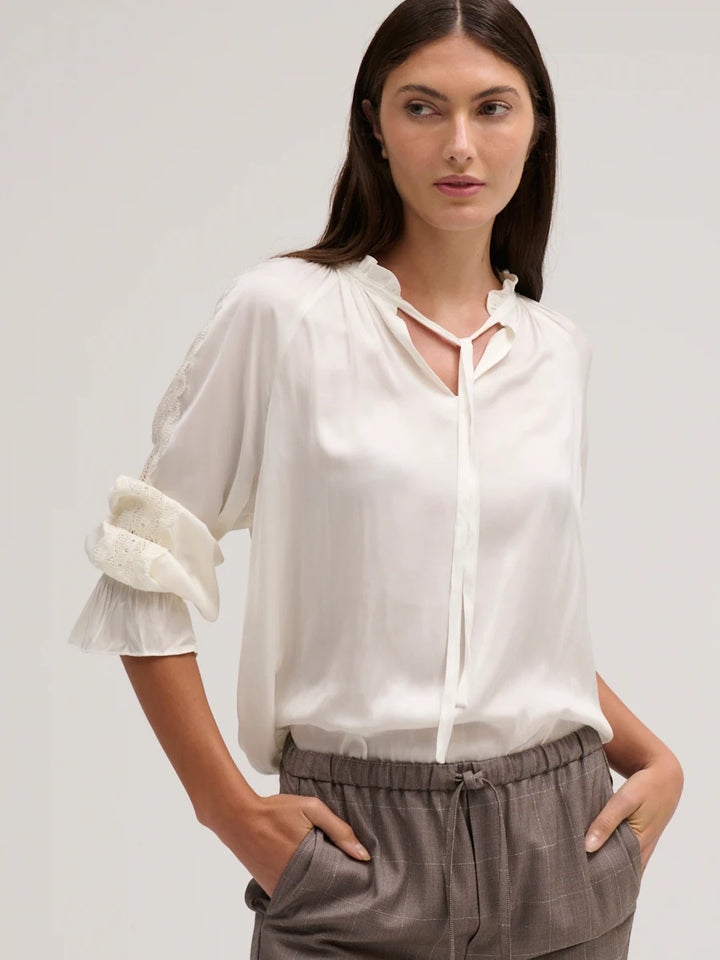 Margaret O'Leary – Lace Detail Tie-Neck Blouse in Ivory