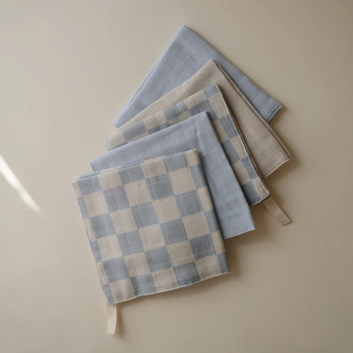 Mushie - Muslin Cotton Washcloth 5-pack in Blue Check Combo