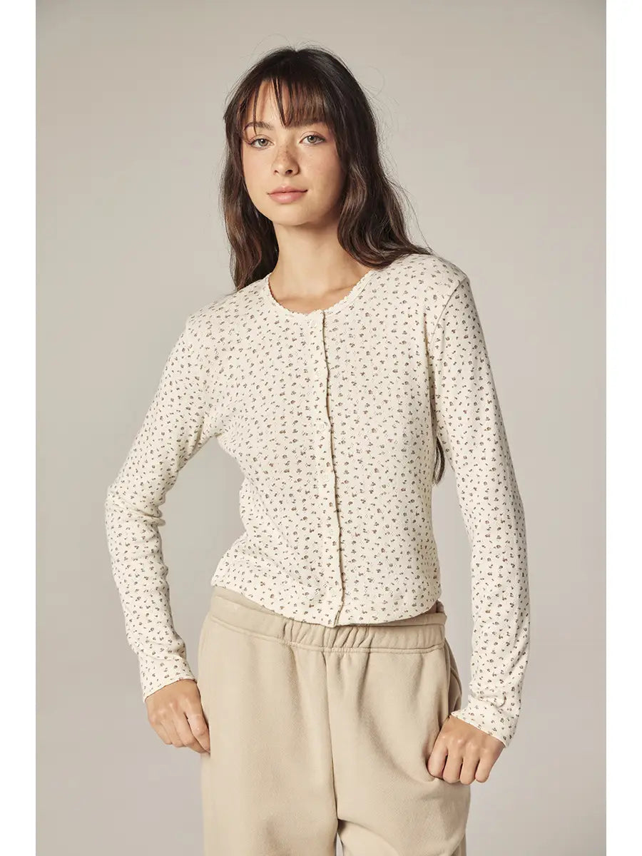 Amente – Romantic Button Down Short Cardigan in Cream Floral