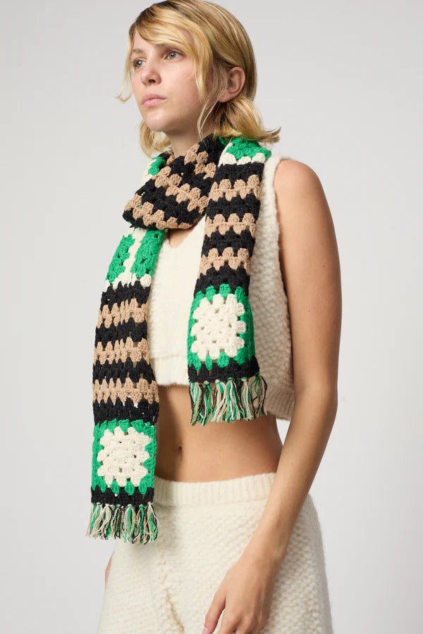 Atelier Delphine – Hand Crocheted Alpaca Scarf in Beige/Green/Black