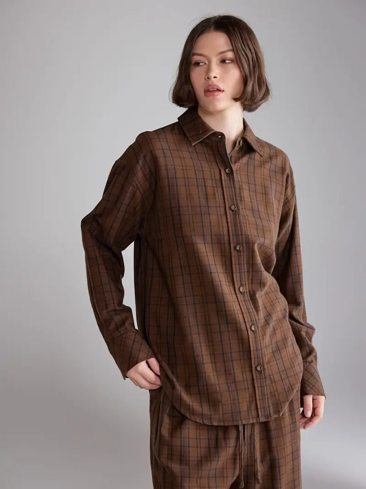 Amente – Brushed Plaid Button Down Shirt in Brown & Black