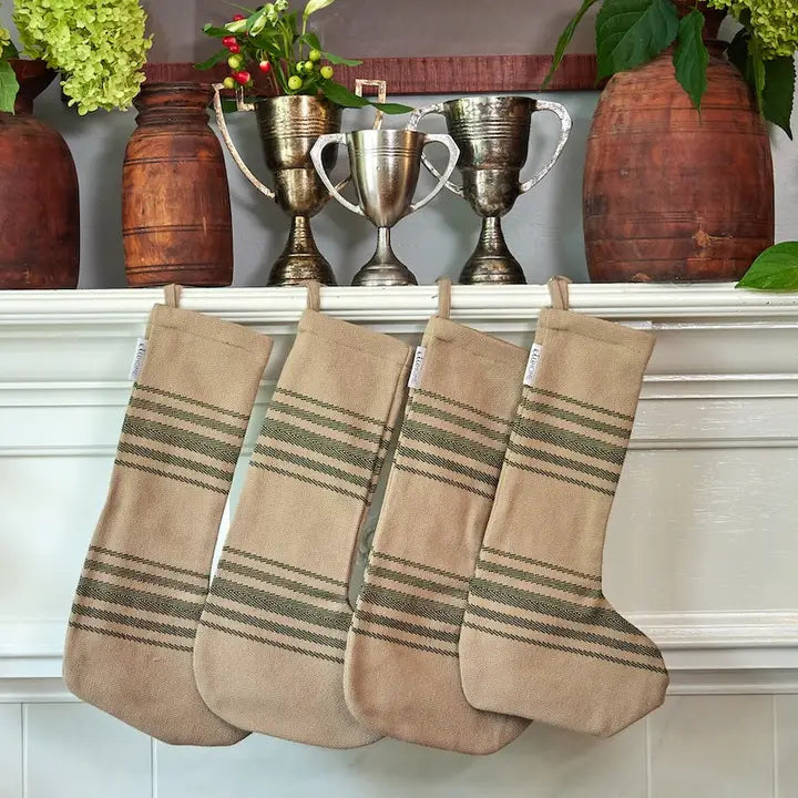 Etu Home - Holiday Stocking Set of 2 in Vintage Spruce Green Stripe