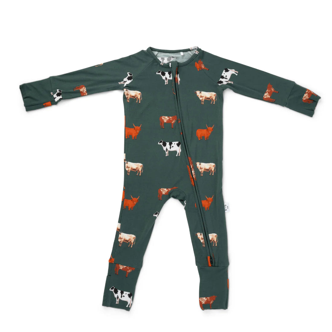 Bug + Bean – Bamboo 2-Way Convertible Zip Romper in Green Cow