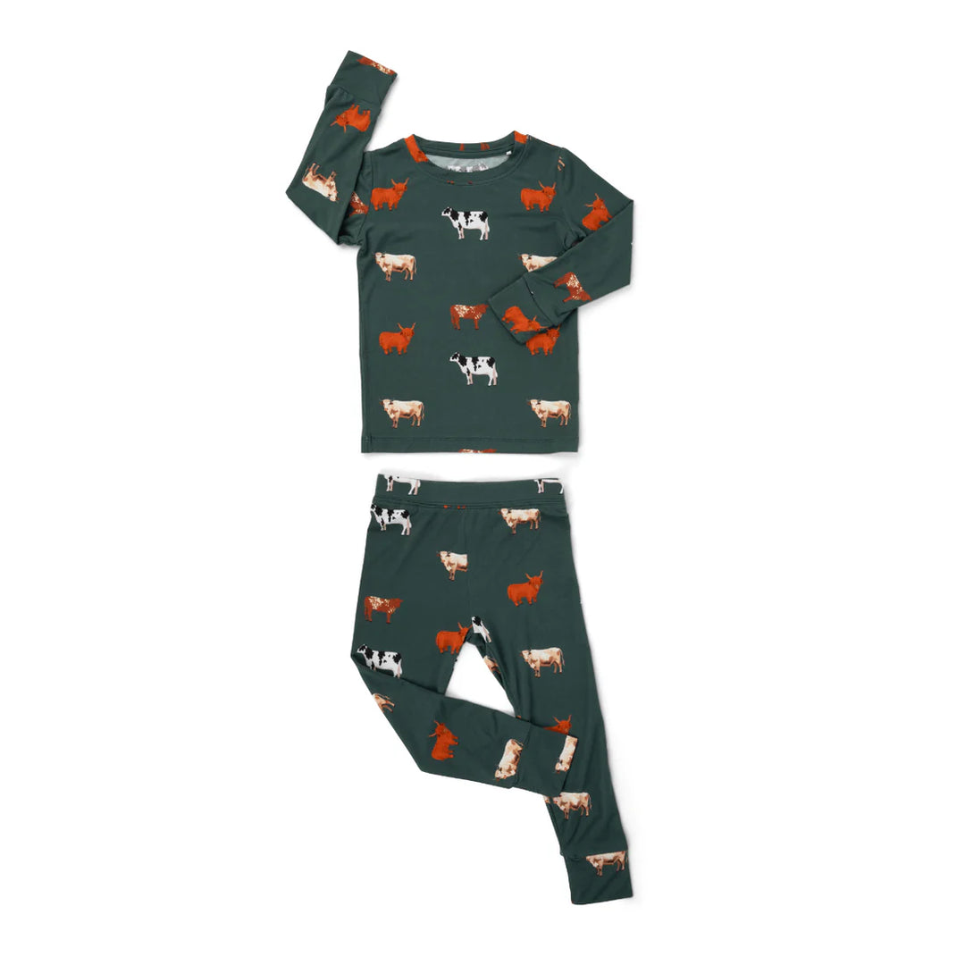 Bug + Bean – Bamboo 2 Piece Toddler Pajama Set in Green Cow