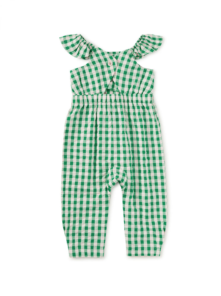 Tea Collection – Flutter Button Back Baby Romper in Garden Party Check