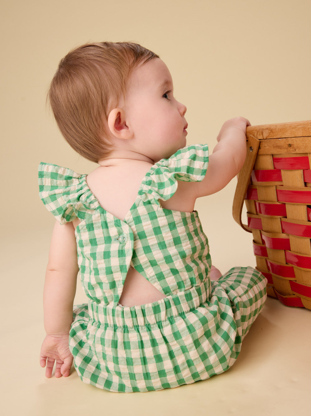 Tea Collection – Flutter Button Back Baby Romper in Garden Party Check