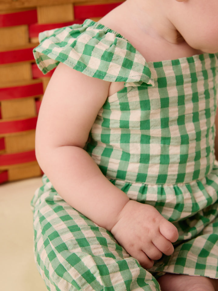 Tea Collection – Flutter Button Back Baby Romper in Garden Party Check