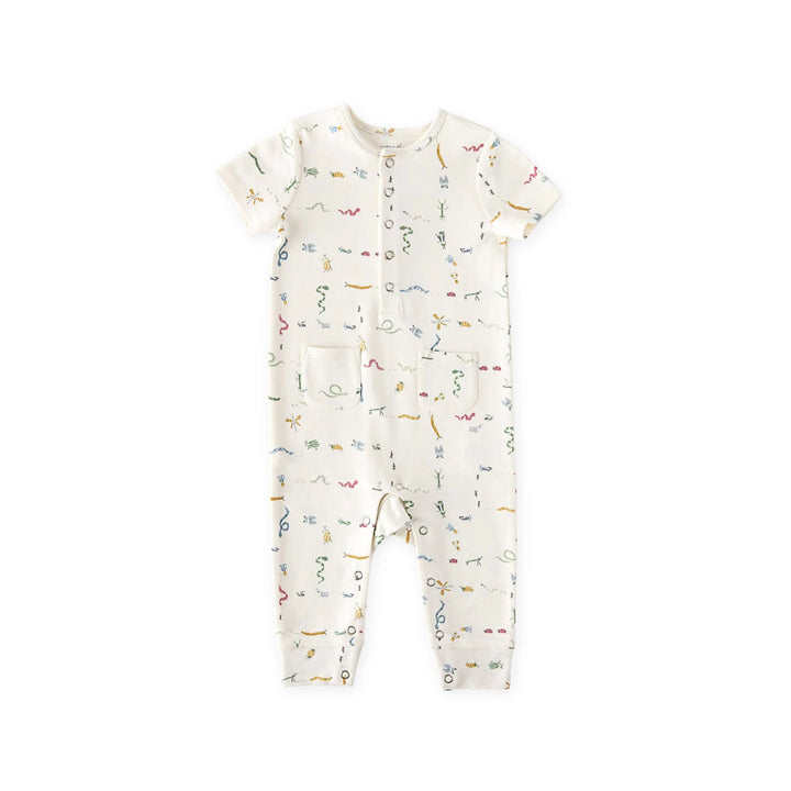 Pehr – Short Sleeve Henley Romper in Crawling Critters