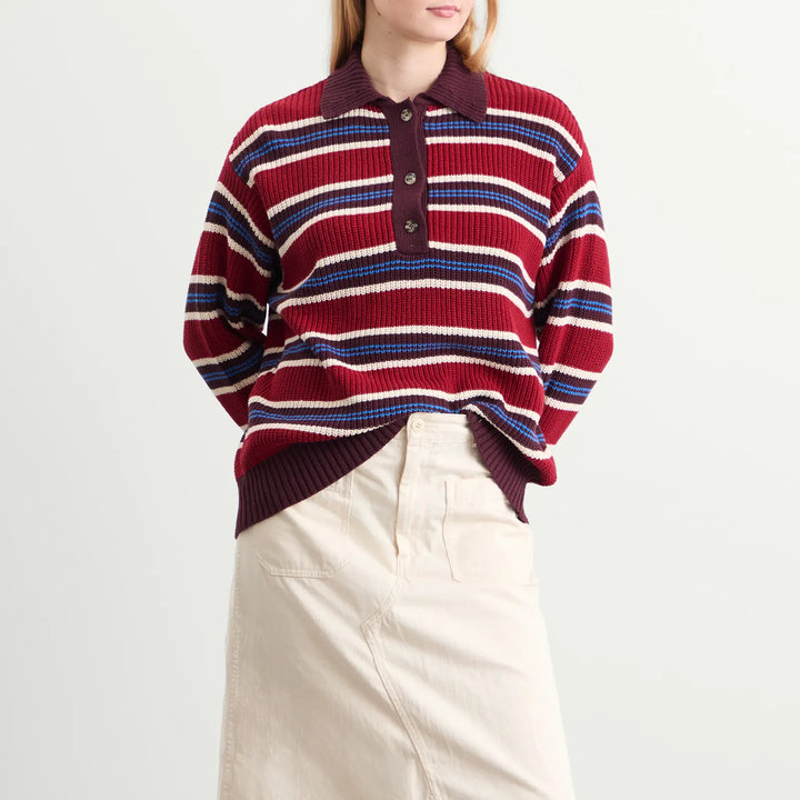 Damson Madder – Ilona Striped Rugby Jumper in Burgundy Stripe