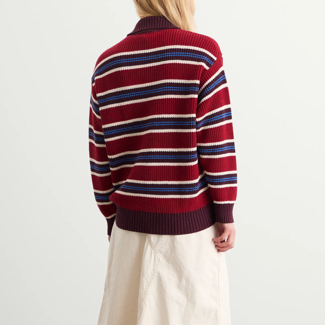Damson Madder – Ilona Striped Rugby Jumper in Burgundy Stripe
