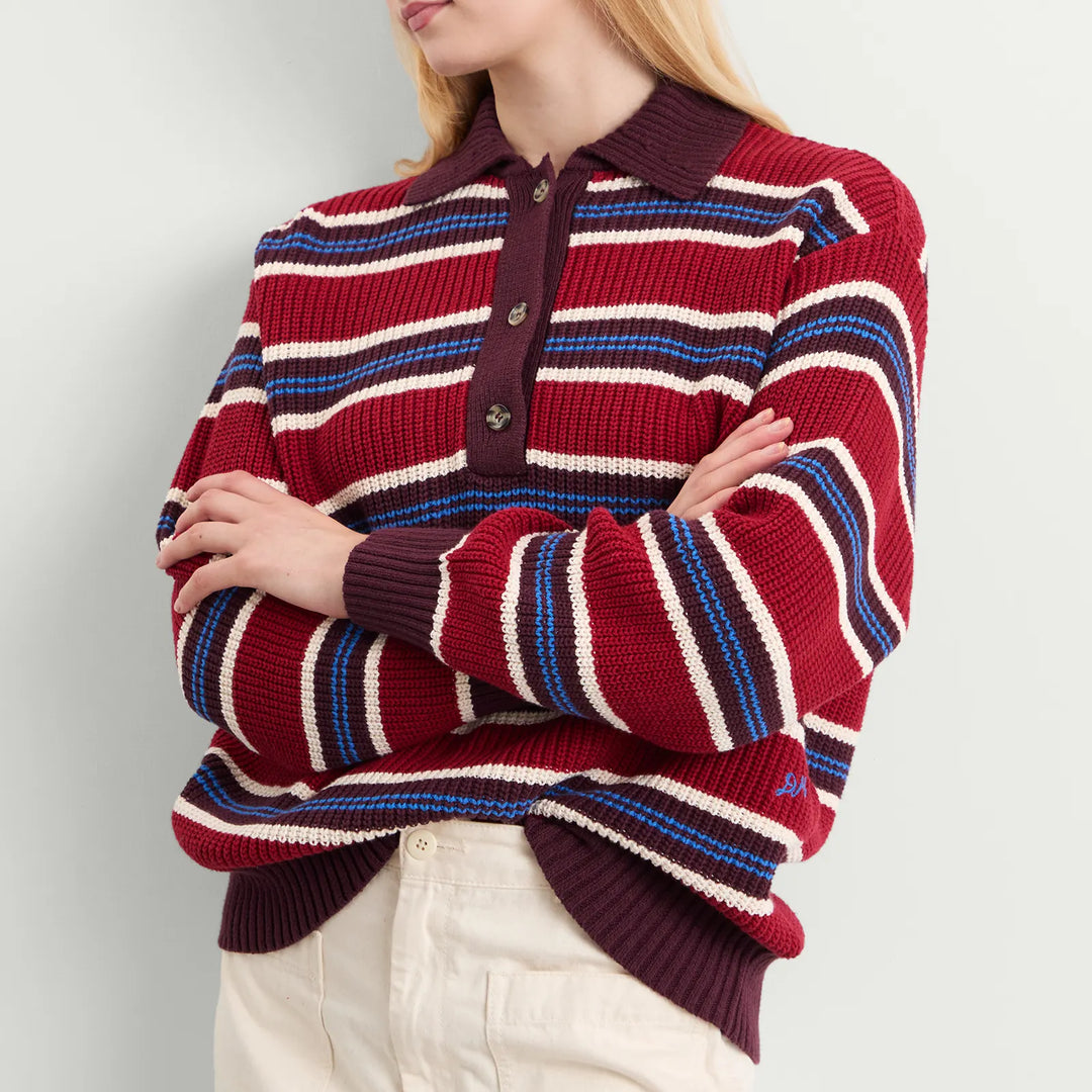 Damson Madder – Ilona Striped Rugby Jumper in Burgundy Stripe