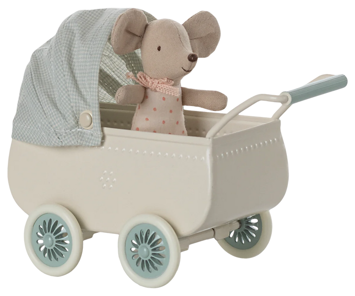Maileg - Pram with Baby Mouse in Mint