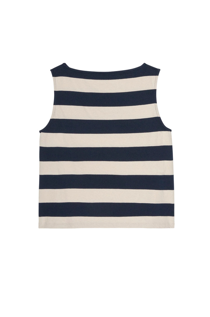 Donni – Jersey Stripe Boatneck Tank in Navy and Creme