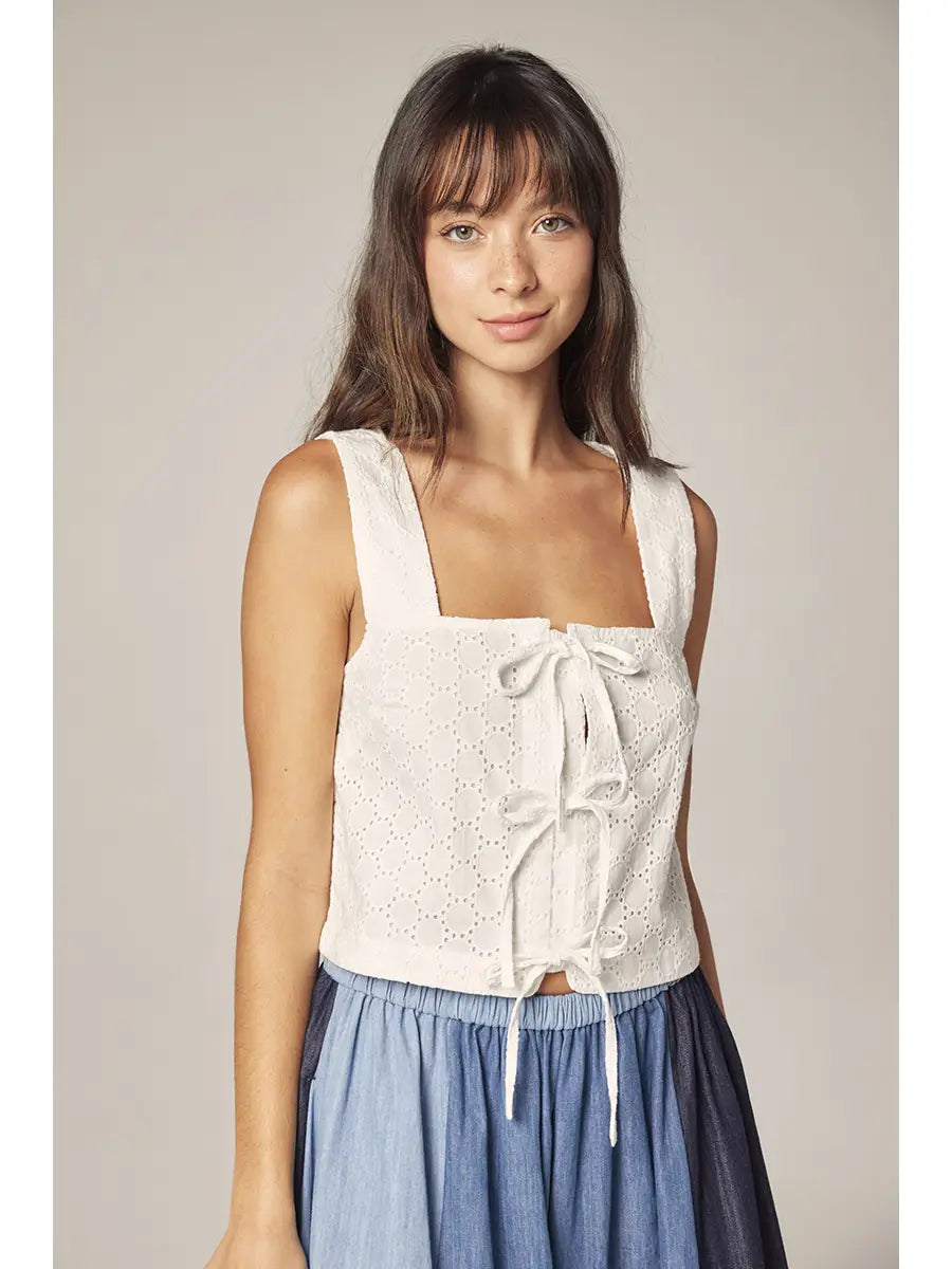 Amente – Front Tie Lace Eyelet Top in White