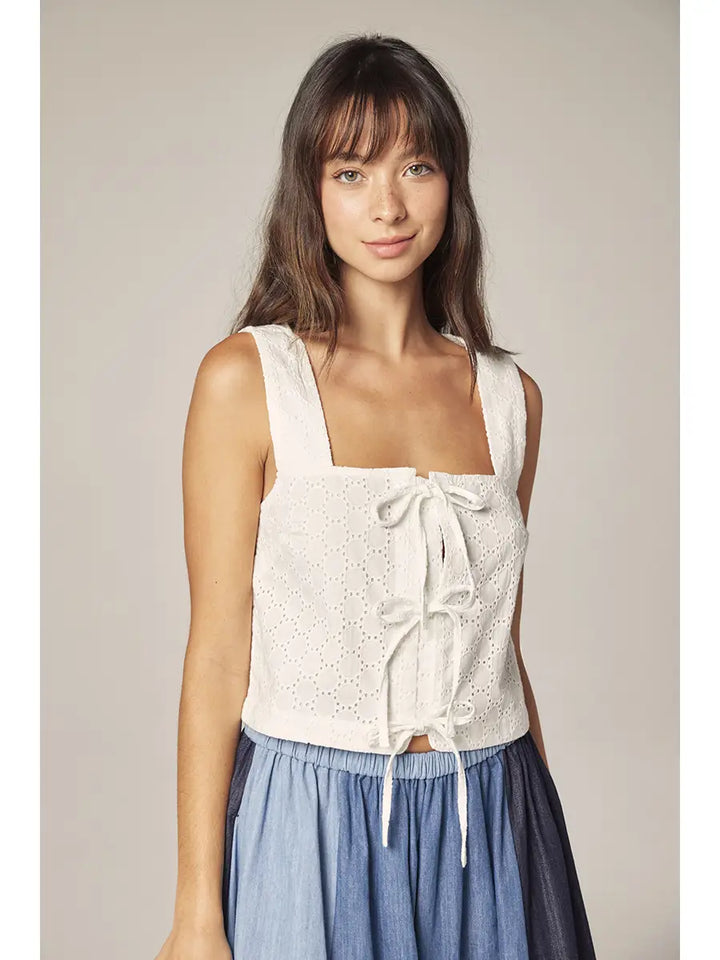 Amente – Front Tie Lace Eyelet Top in White