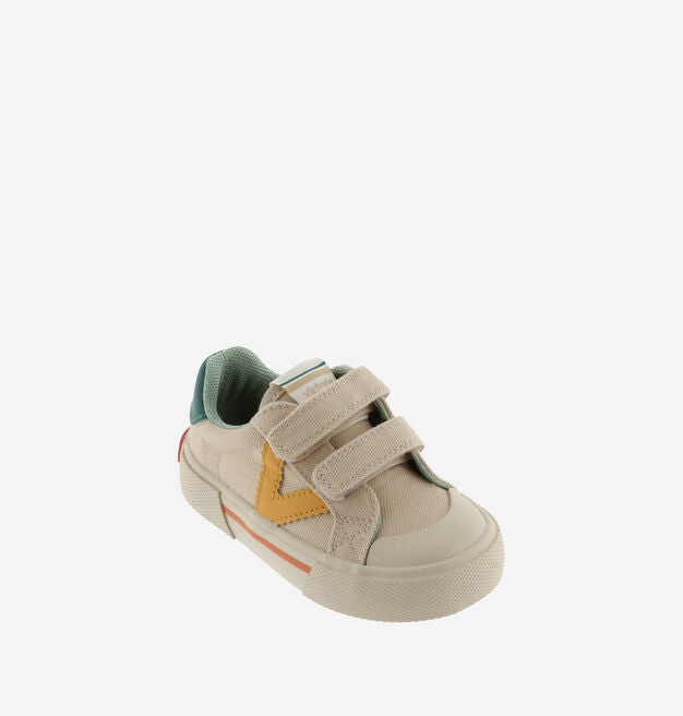 Victoria – Tribu Wide Fit Split Leather & Contrast Kids Sneakers in Beige