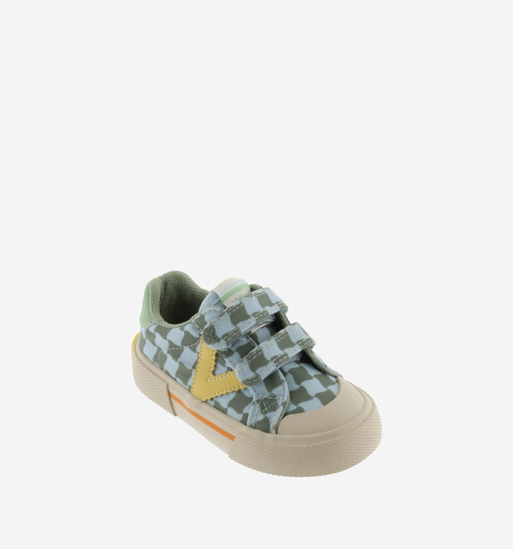Victoria – Tribu Wide Fit Split Leather & Contrast Kids Sneakers in Kaki Check