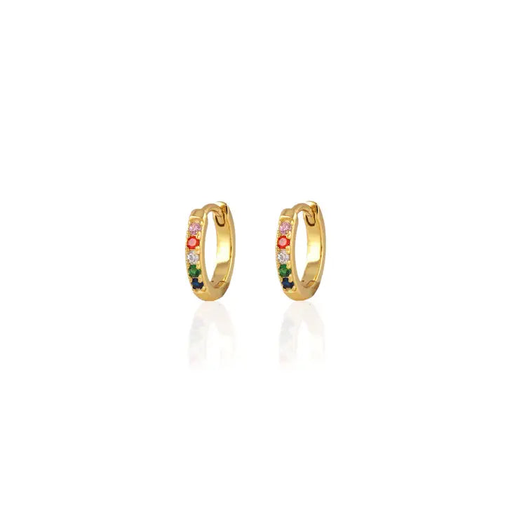 Kris Nations – Rainbow Crystal Huggie Hoop Earrings in 18k Gold Vermeil