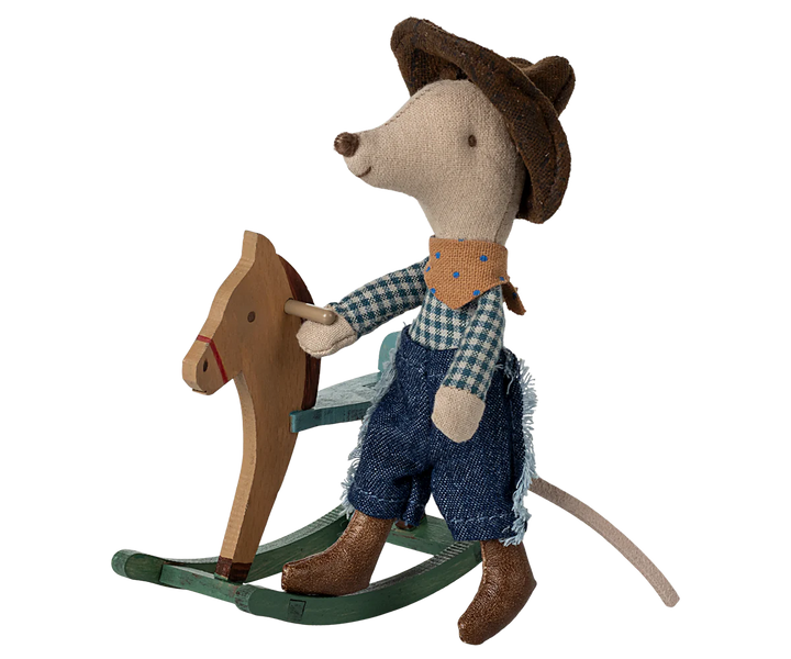 Maileg - Cowboy Mouse on Rocking Horse in Little Brother