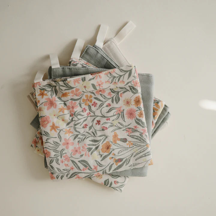 Mushie - Muslin Cotton Washcloth 5-pack in Pastel Blooms