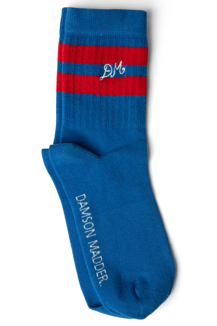 Damson Madder – Sporty Calf Length Socks in Blue and Red