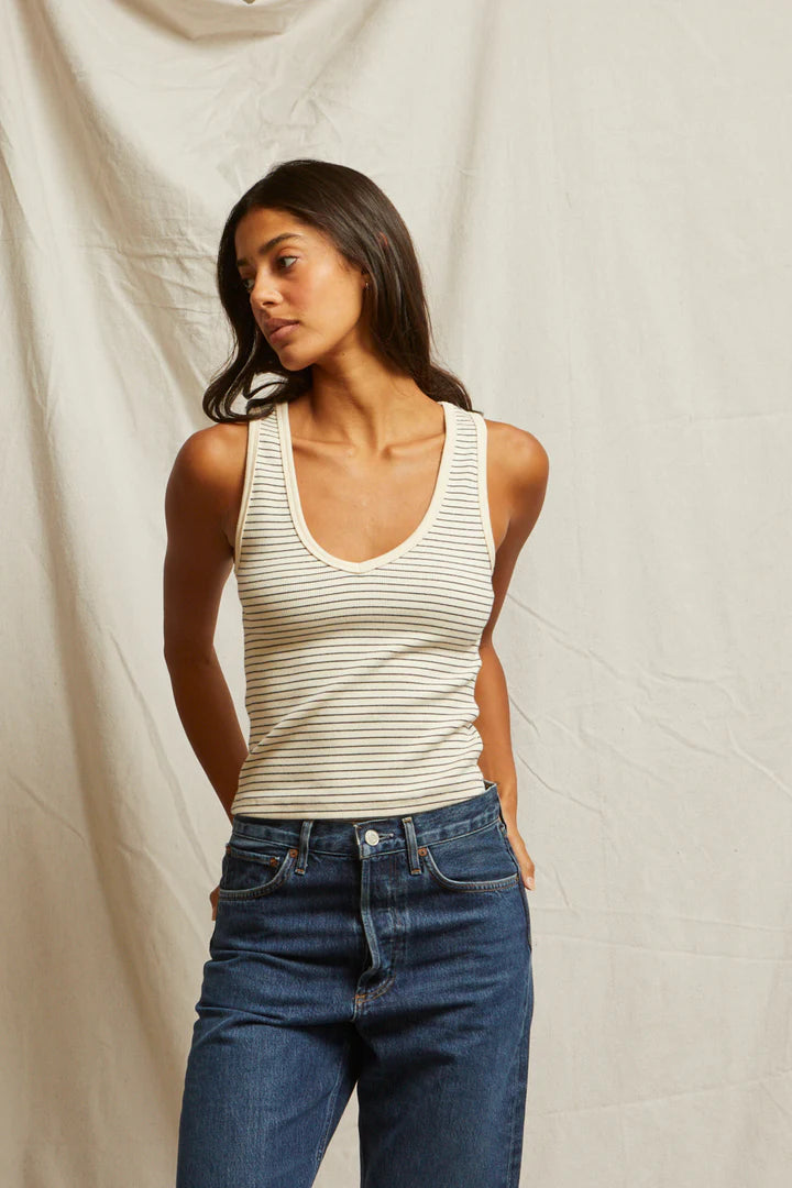 Perfect White Tee - Maria Structured Rib V-Neck Tank in Navy and Natural Stripe